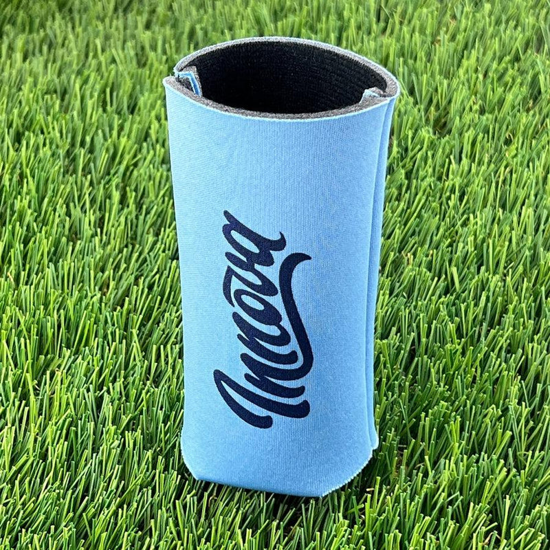 Light blue tall Innova coozie with black branding on the front and visible gray stitching along the top rim.