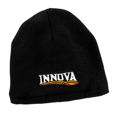 Black knit beanie with a white Innova logo featuring an orange and yellow disc golf disc below.
