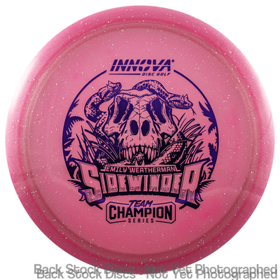 Pink Innova Moondust Champion Sidewinder disc with a purple skull, snake, and "Emily Weatherman Team Champion Series" stamp.