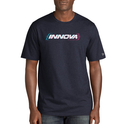 Navy New Era tri-blend t-shirt with a faded teal and magenta Innova logo across the chest.