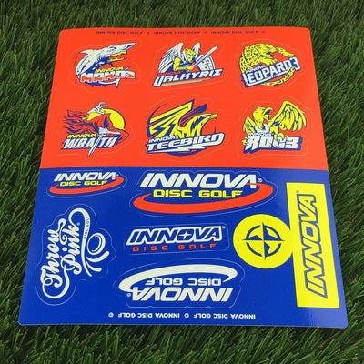 Orange and blue Innova mold logos sticker sheet featuring Mako3, Valkyrie, Leopard, Wraith, TeeBird, and Roc3 designs.