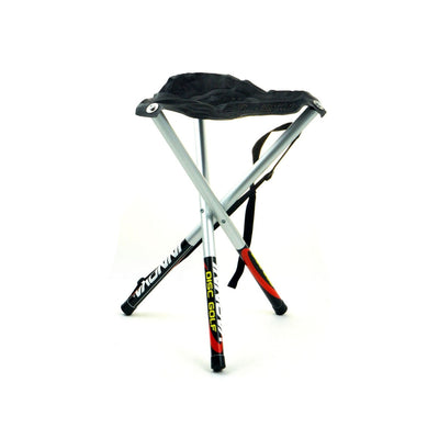 Black Innova Park and Fly seat stool features lightweight silver aluminum legs and a black nylon sling.