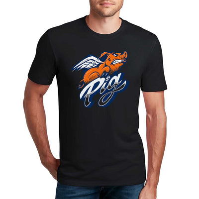 Black Innova Pig Flex short sleeve tee shirt with an orange flying pig graphic and "Pig" text.