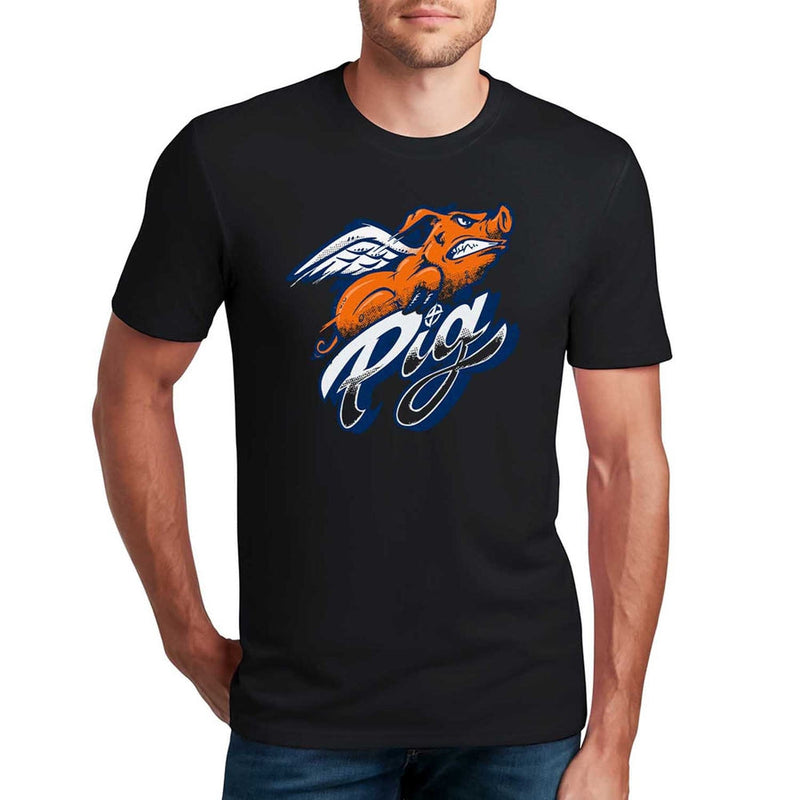 Black Innova Pig Flex short sleeve tee shirt with an orange flying pig graphic and "Pig" text.