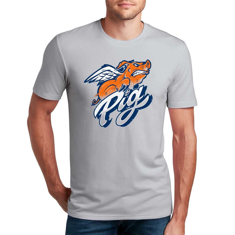 Gray Innova Pig Flex short sleeve tee with an orange flying pig graphic and the word "Pig" in stylized blue and white.