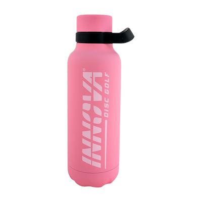 Pink Innova insulated bottle with a white Innova Burst logo and a black plastic handle on the neck.