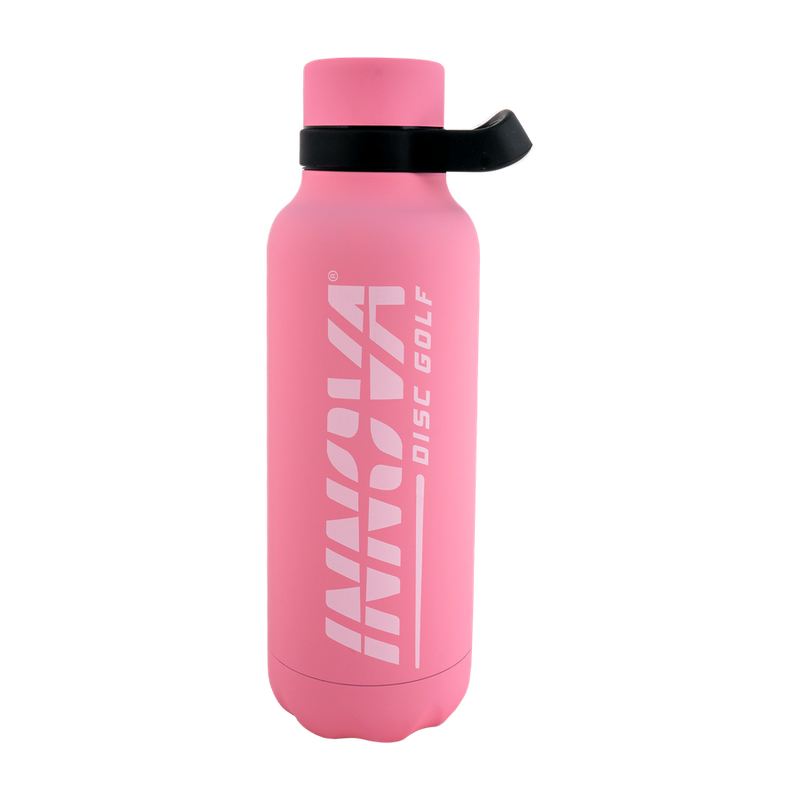 Pink Innova insulated bottle with a white Innova Burst logo and a black plastic handle on the neck.