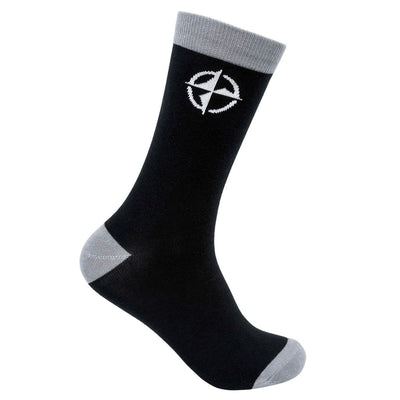Black Prime Star Performance socks with a gray cuff, heel, and toe featuring a white Innova compass logo.