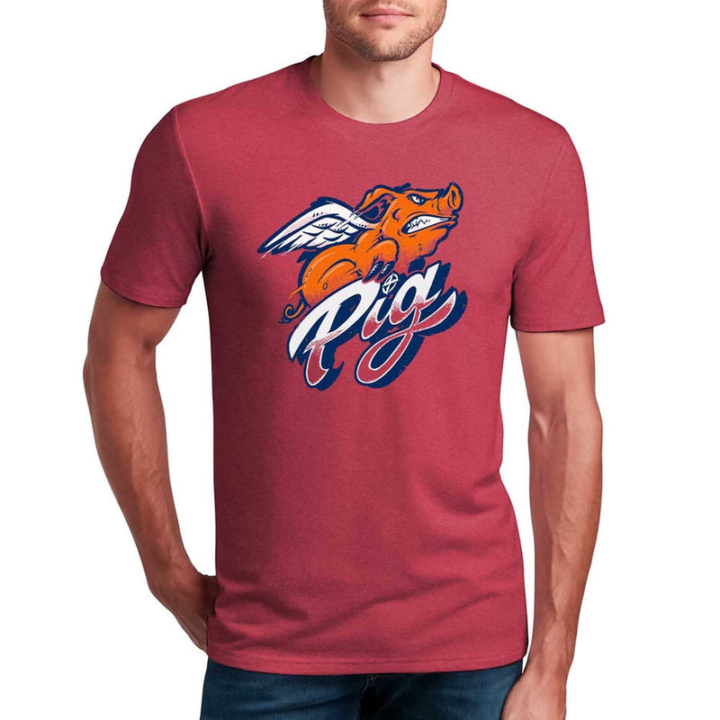 Red short sleeve tee with an orange flying pig graphic and "Pig" text in white and blue.