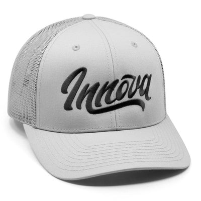 Grey Innova Richardson 112 Flow curved bill snapback cap with a black embroidered Innova logo.