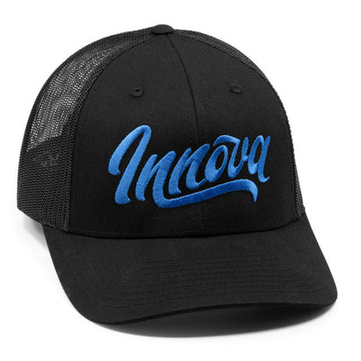 Black Innova Richardson 115 Flow curved bill snapback meshback cap with royal blue embroidered Innova logo.