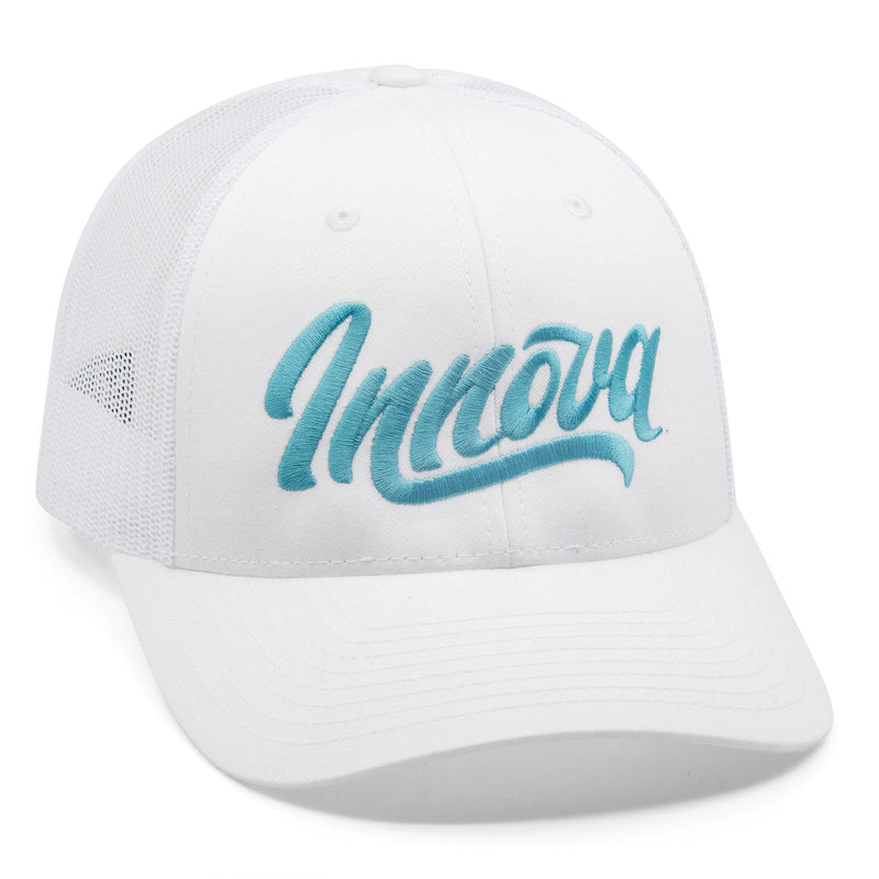 White Innova Richardson 115 Flow curved bill snapback meshback cap with teal embroidered Innova script.