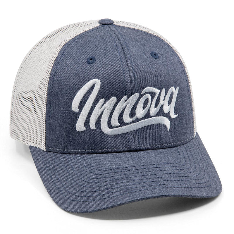 Navy Innova Richardson 115 Flow Curved Bill Snapback cap with gray mesh back and white embroidered logo.