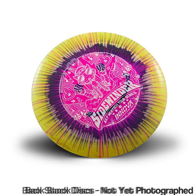 Yellow and purple Innova Sidewinder disc with Kat Mertsch Tour Series stamp and multiple heart designs.