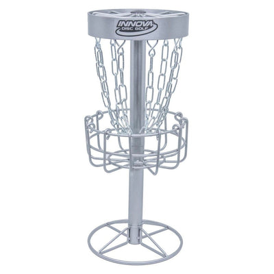 Silver Innova desktop Discatcher target with a metal basket, chains, a center pole, and a rounded base.