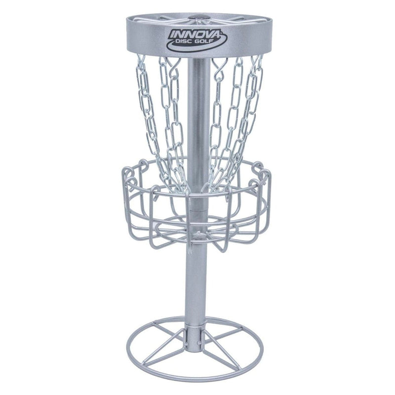 Silver Innova desktop Discatcher target with a metal basket, chains, a center pole, and a rounded base.