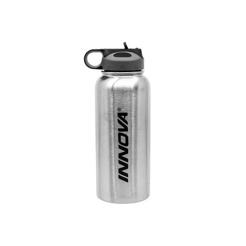Silver Innova stainless steel insulated canteen with a black plastic lid, handle, and straw opening.