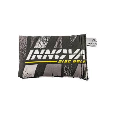 Black Innova Sport Sack Macro with a gray and white abstract pattern and yellow "DISC GOLF" text.