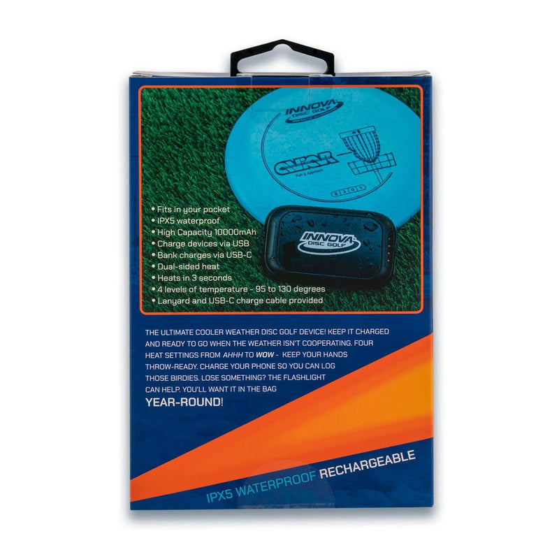 Innova Super Hand Warmer and Battery Pack in a blue, orange, and black retail box with product features listed.