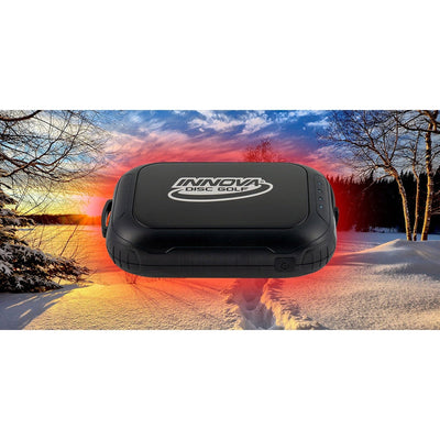Black Innova Super Hand Warmer with a white logo, four small indicator lights, and a power button on the side.