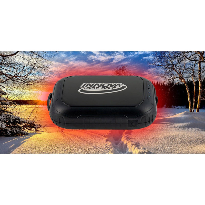 Black Innova Super Hand Warmer with a white logo, four small indicator lights, and a power button on the side.