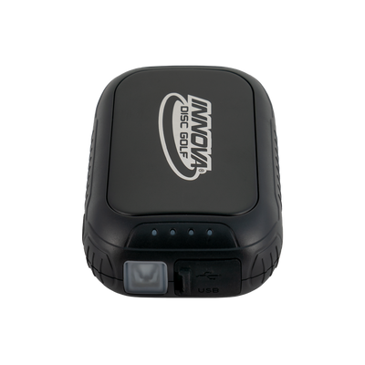 Black Innova Disc Golf Super Hand Warmer and battery pack with the Innova logo, USB port, and LED lights.