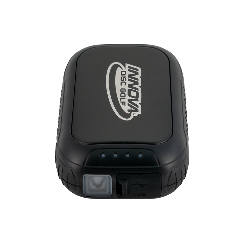 Black Innova Disc Golf Super Hand Warmer and battery pack with the Innova logo, USB port, and LED lights.