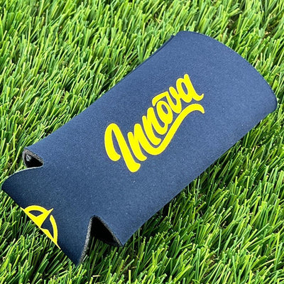 Navy tall Innova neoprene drink coozie with a yellow script Innova logo on one side.