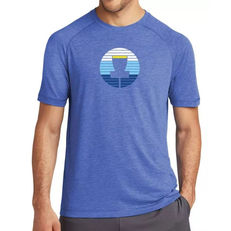 Blue Innova Target Medallion Tri-Blend short-sleeve jersey with a unique disc golf basket graphic and raglan sleeves.