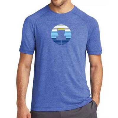 Blue Innova Target Medallion tri blend short sleeve jersey with a stylish disc golf target graphic.