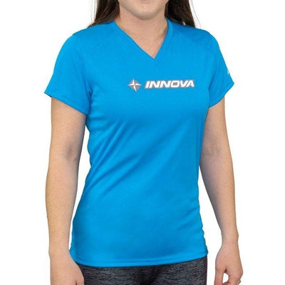 Bright teal Innova ladies performance tee with a white logo on the chest and a flattering V-neckline.