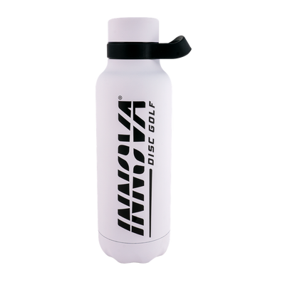 White Innova 22oz insulated bottle with a black Innova Burst logo and a black rubber handle on the cap.