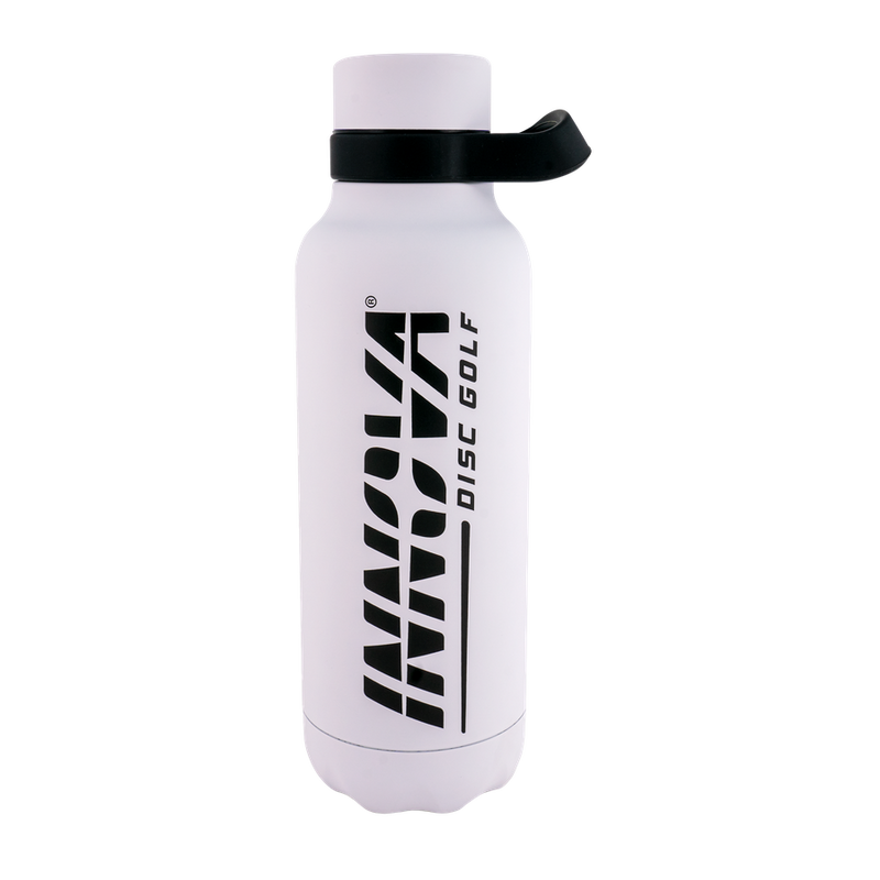 White Innova 22oz insulated bottle with a black Innova Burst logo and a black rubber handle on the cap.