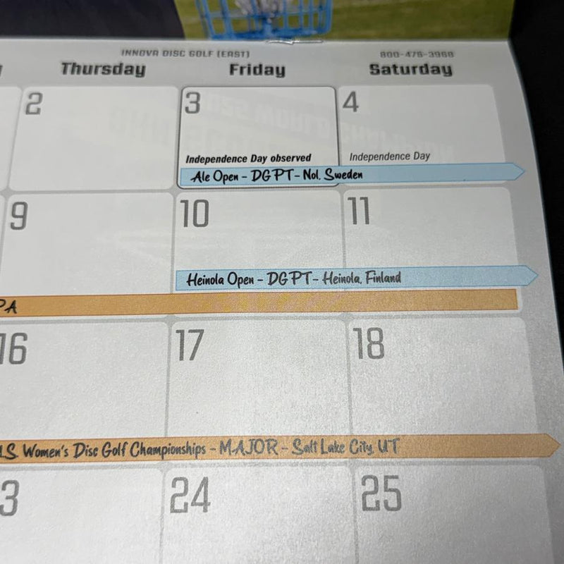 White Innova 2026 disc golf calendar page showing event dates like Heinola Open in blue and Women&