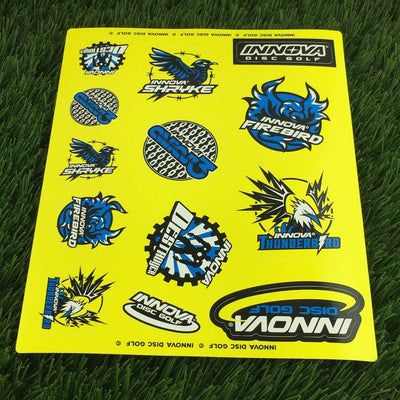 Yellow Innova Disc Golf sticker sheet featuring various blue and black disc golf mold logos like Firebird and Thunderbird.
