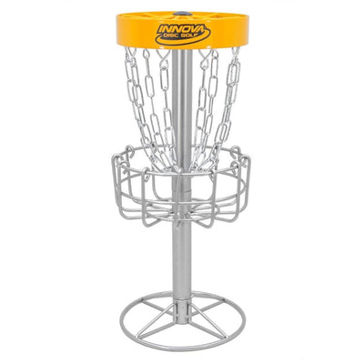 Yellow Innova Discatcher desktop mini disc golf target with silver metallic chains and basket.