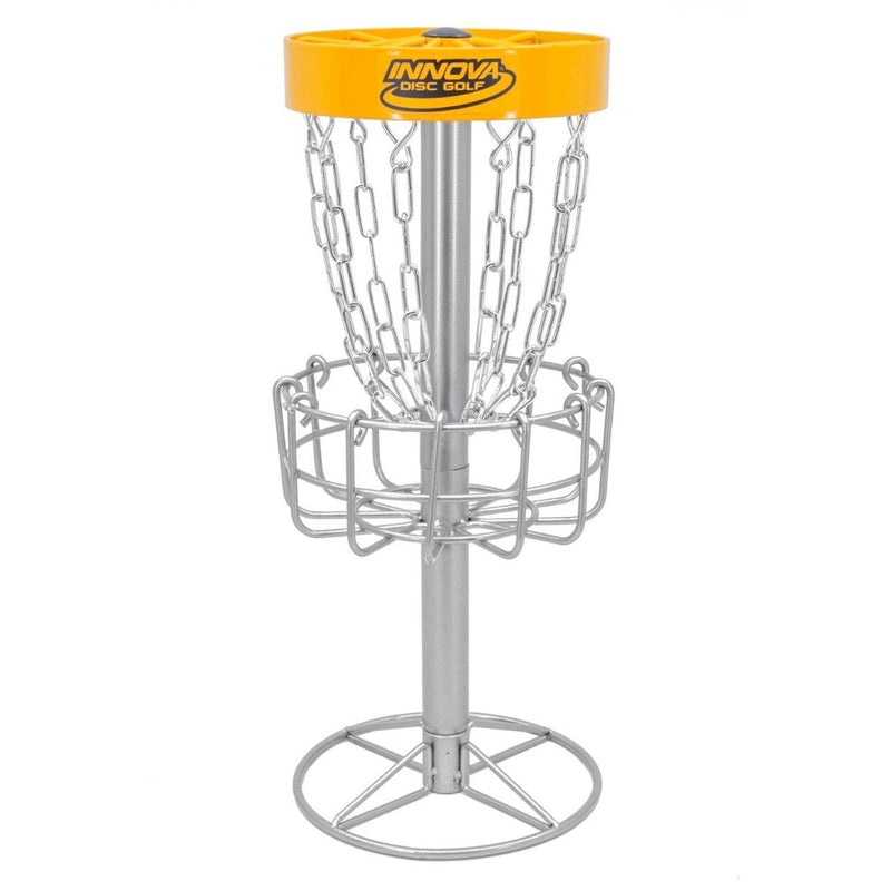 Yellow Innova Discatcher desktop mini disc golf target with silver metallic chains and basket.
