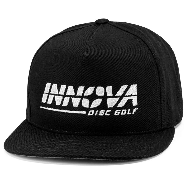 Black Innova Yupoong flatbill snapback hat with white embroidered "INNOVA DISC GOLF" logo.