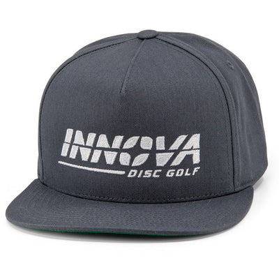 Gray Yupoong Innova snapback hat featuring a flat brim with green underside and white embroidered Innova Disc Golf logo.