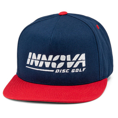 Navy blue Innova Yupoong flatbill snapback hat with a red brim and white embroidered Innova Disc Golf logo.