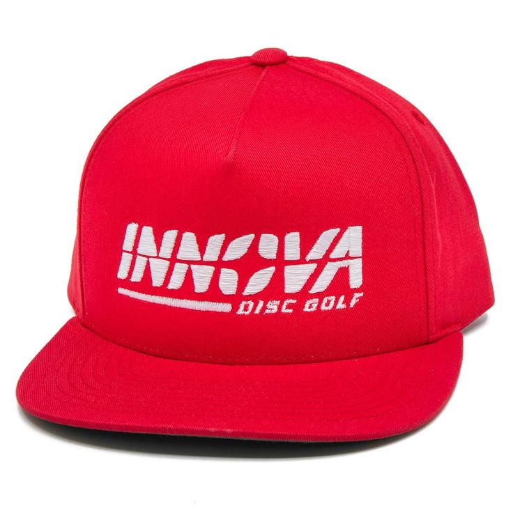 Red Innova Yupoong embroidered Burst flatbill snapback hat with white "INNOVA DISC GOLF" logo stitching.