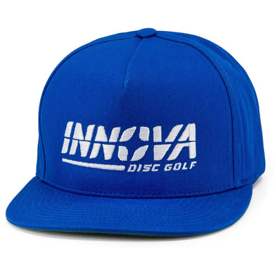 Royal blue Innova Yupoong embroidered flatbill snapback hat with a white Innova Disc Golf logo.