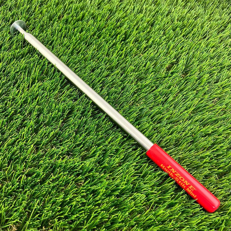 Red Inzone Kwik Stik Mini disc golf retriever with a silver telescoping pole and a gray rubber cup.