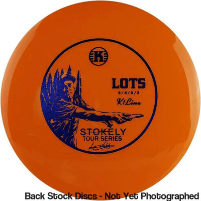 Orange Kastaplast K1 Lots Scott Stokely Tour Series disc golf disc with a dark blue stamp and text.