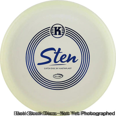 Pale yellow Kastaplast K4 Glow Sten stock disc with a dark blue K and Sten logo surrounded by concentric circles.