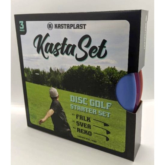 Kastaplast KastaSet 3 disc golf starter set with blue and red discs visible in the packaging.