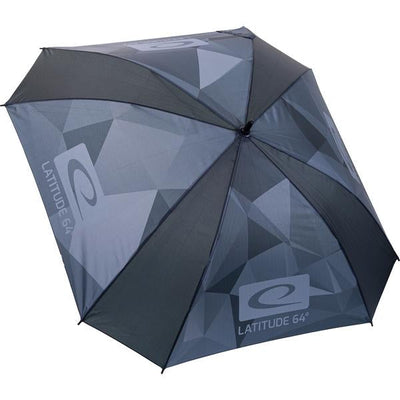 Latitude 64 Arc Umbrella with a black and gray geometric pattern and the white Latitude 64 logo printed on the fabric.