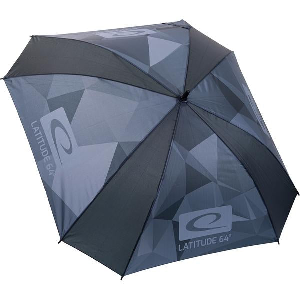 Latitude 64 Arc Umbrella with a black and gray geometric pattern and the white Latitude 64 logo printed on the fabric.