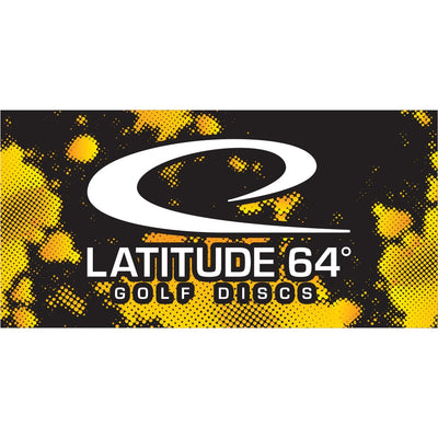 Black Latitude 64 banner with a white logo and text, featuring a gold halftone dot pattern background.