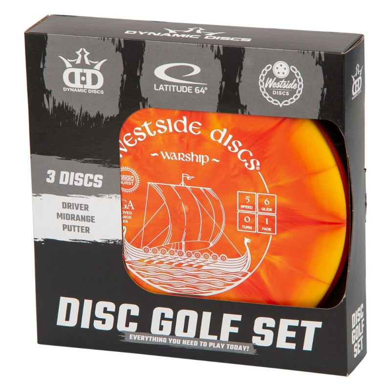 Black "Disc Golf Set" starter box with a visible orange and yellow Westside Discs "Warship" disc inside.
